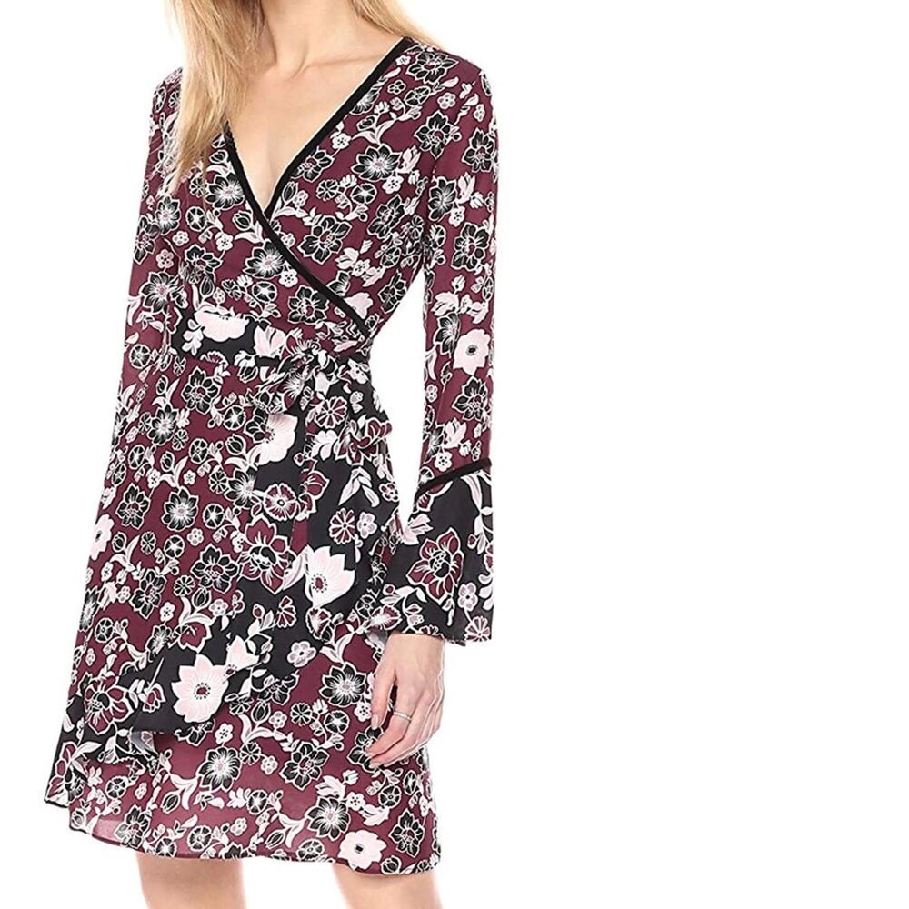 NWT Ella Moon Lena Ruffled Sleeve V- Neck Wrap Dress Women's Medium Maroon,Black